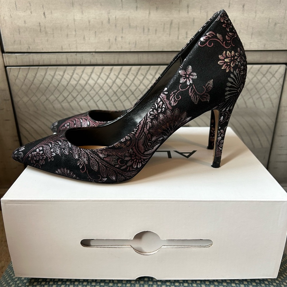Black with pink and silver metallic pumps